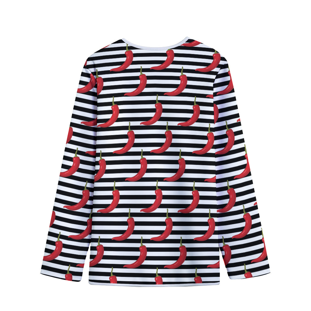 Black And White Striped Chili Print Long Sleeve Short Coat