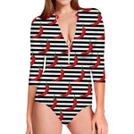 Black And White Striped Chili Print Long Sleeve Swimsuit