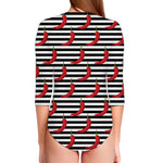 Black And White Striped Chili Print Long Sleeve Swimsuit