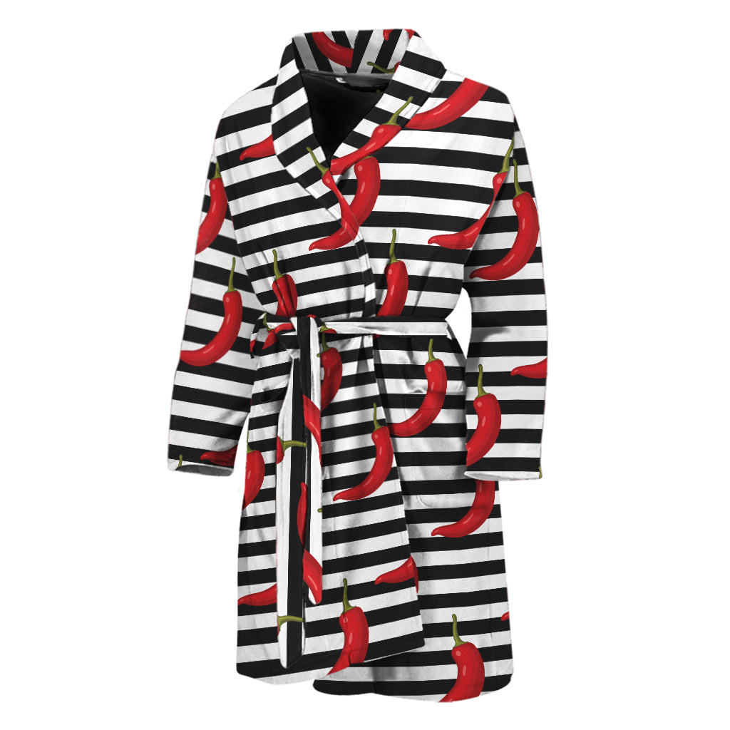 Black And White Striped Chili Print Men's Bathrobe
