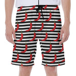 Black And White Striped Chili Print Men's Beach Shorts