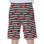 Black And White Striped Chili Print Men's Beach Shorts