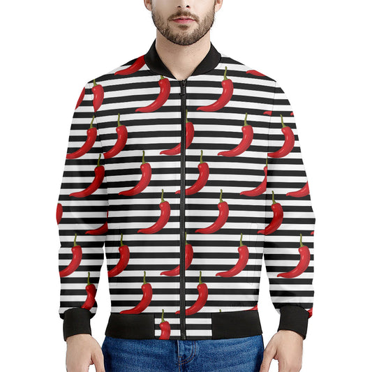 Black And White Striped Chili Print Men's Bomber Jacket