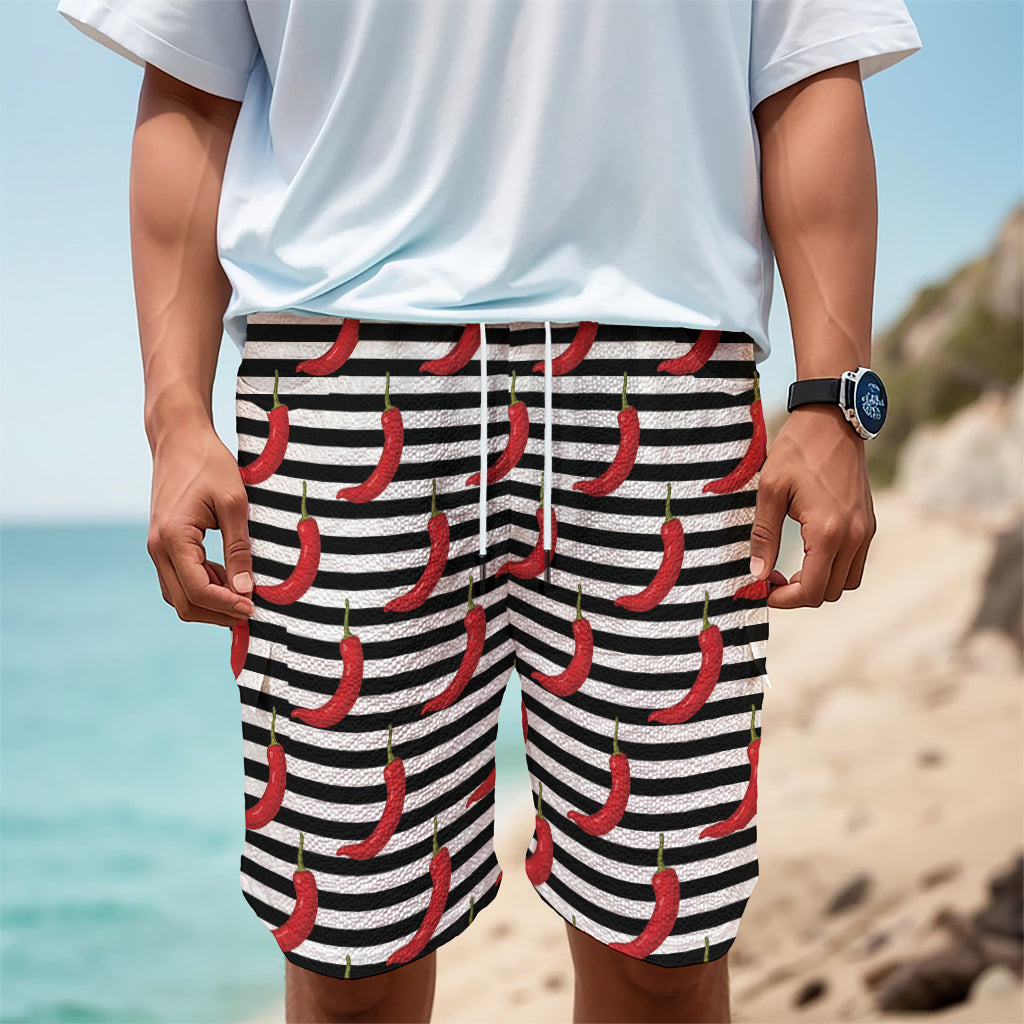 Black And White Striped Chili Print Men's Cargo Shorts