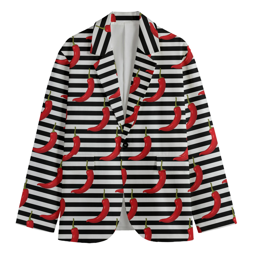 Black And White Striped Chili Print Men's Cotton Blazer