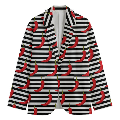 Black And White Striped Chili Print Men's Cotton Blazer
