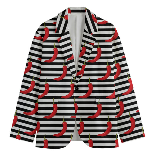 Black And White Striped Chili Print Men's Cotton Blazer