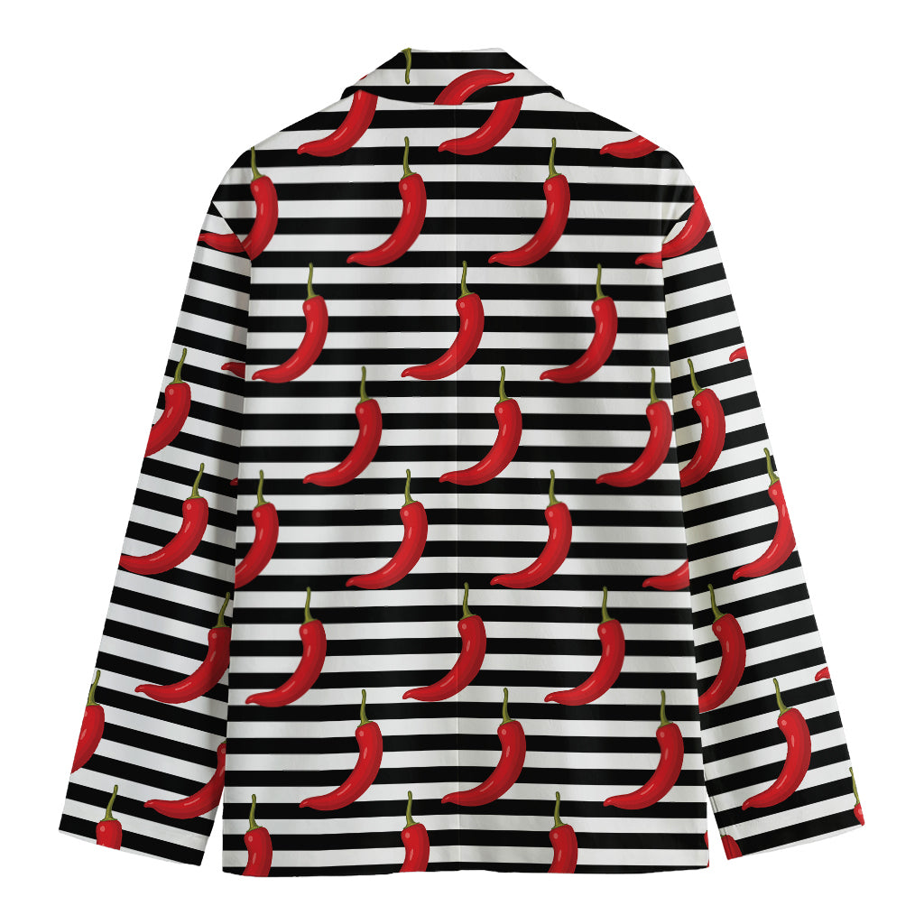 Black And White Striped Chili Print Men's Cotton Blazer