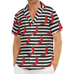 Black And White Striped Chili Print Men's Deep V-Neck Shirt