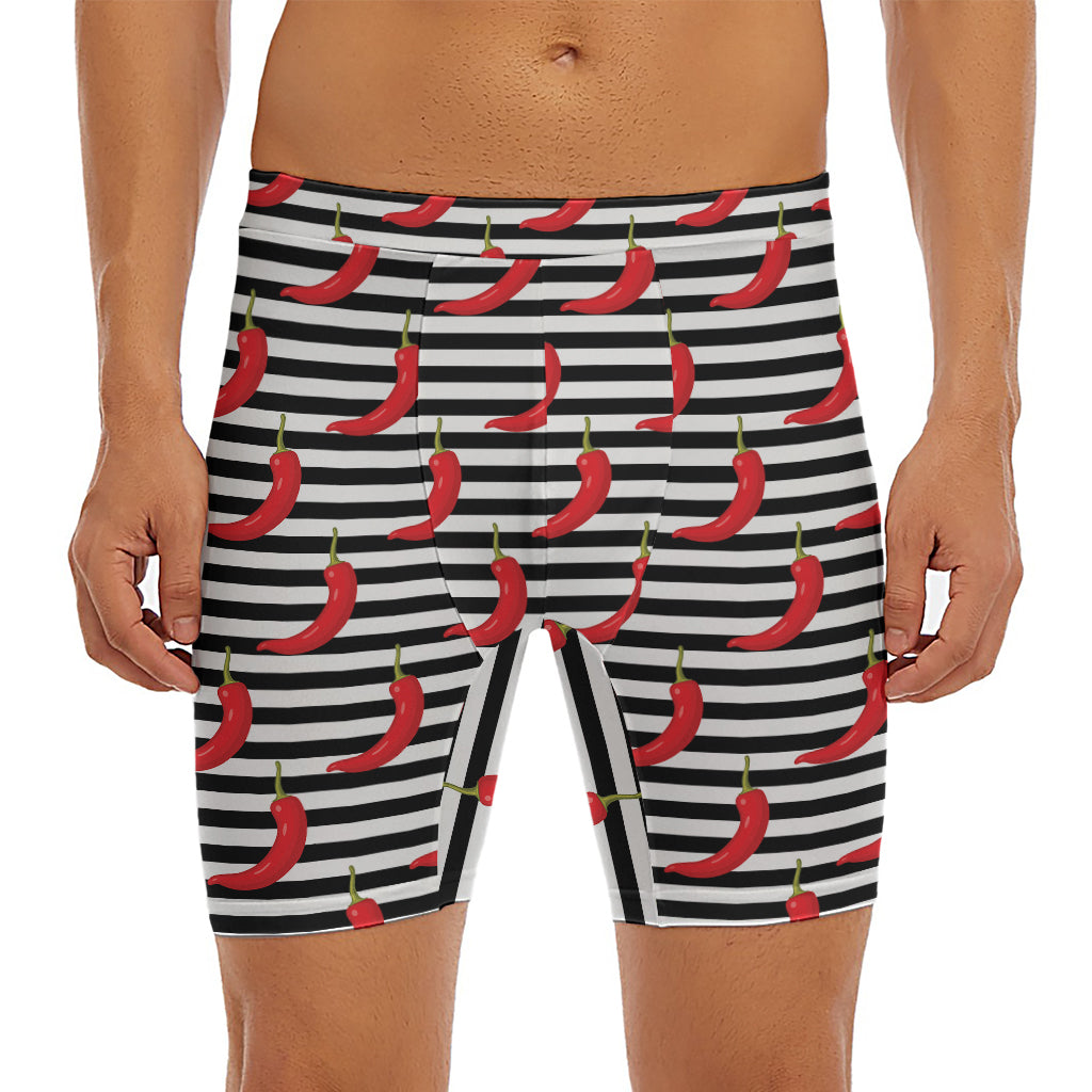 Black And White Striped Chili Print Men's Long Boxer Briefs