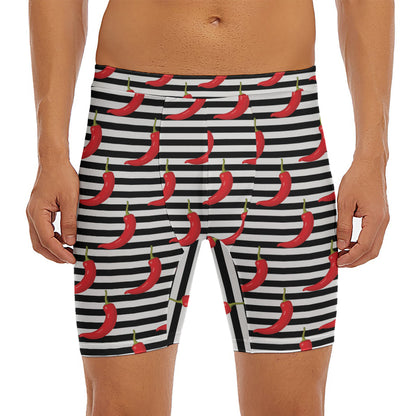 Black And White Striped Chili Print Men's Long Boxer Briefs