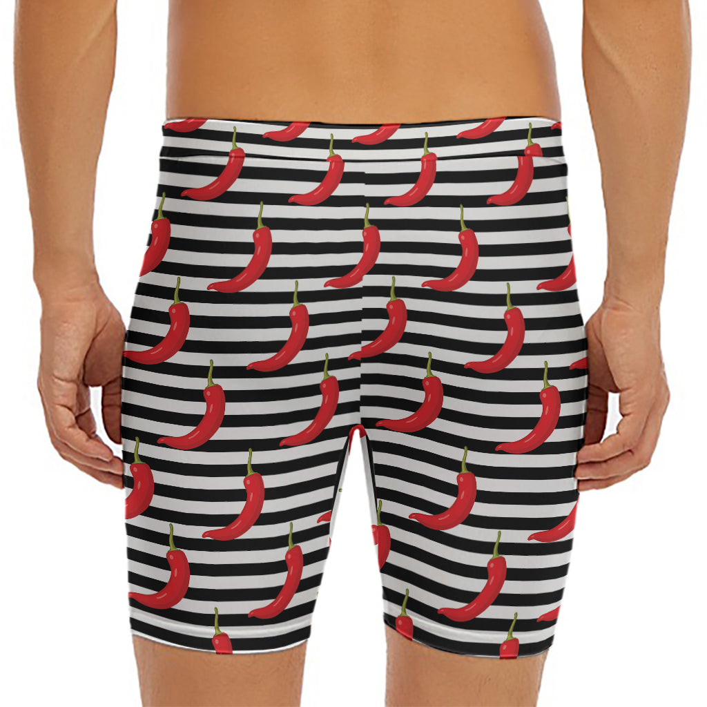 Black And White Striped Chili Print Men's Long Boxer Briefs