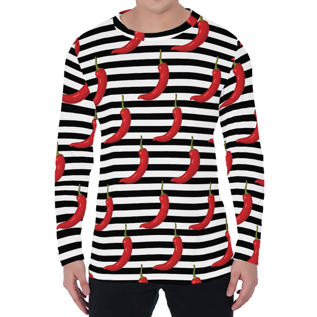Black And White Striped Chili Print Men's Long Sleeve T-Shirt