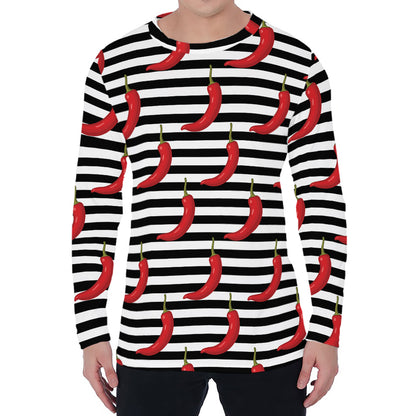 Black And White Striped Chili Print Men's Long Sleeve T-Shirt