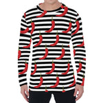 Black And White Striped Chili Print Men's Long Sleeve T-Shirt