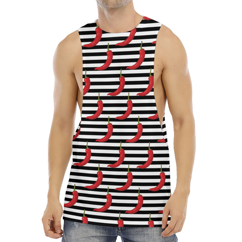Black And White Striped Chili Print Men's Muscle Tank Top