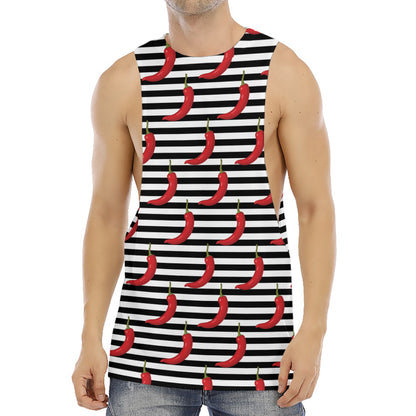 Black And White Striped Chili Print Men's Muscle Tank Top