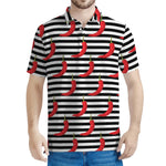 Black And White Striped Chili Print Men's Polo Shirt