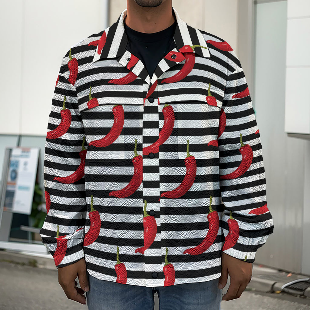Black And White Striped Chili Print Men's Shirt Jacket