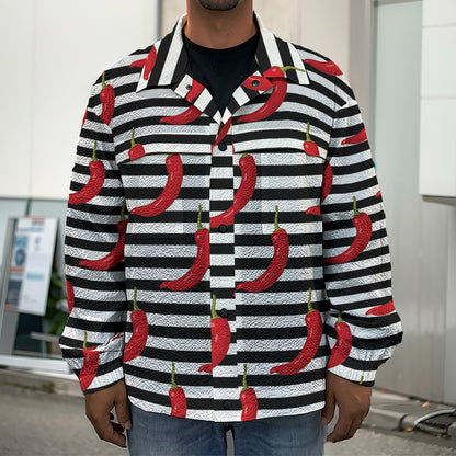 Black And White Striped Chili Print Men's Shirt Jacket