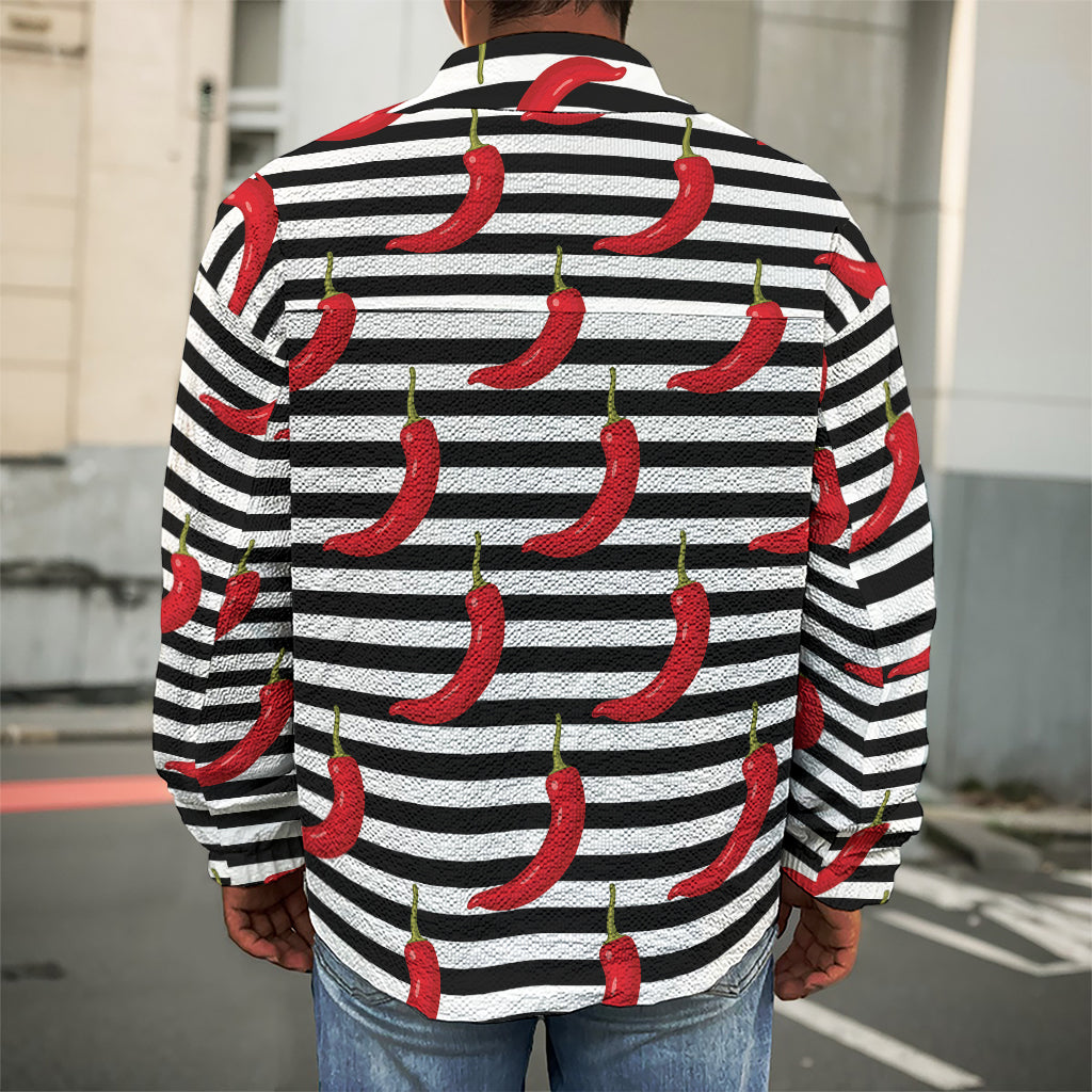 Black And White Striped Chili Print Men's Shirt Jacket
