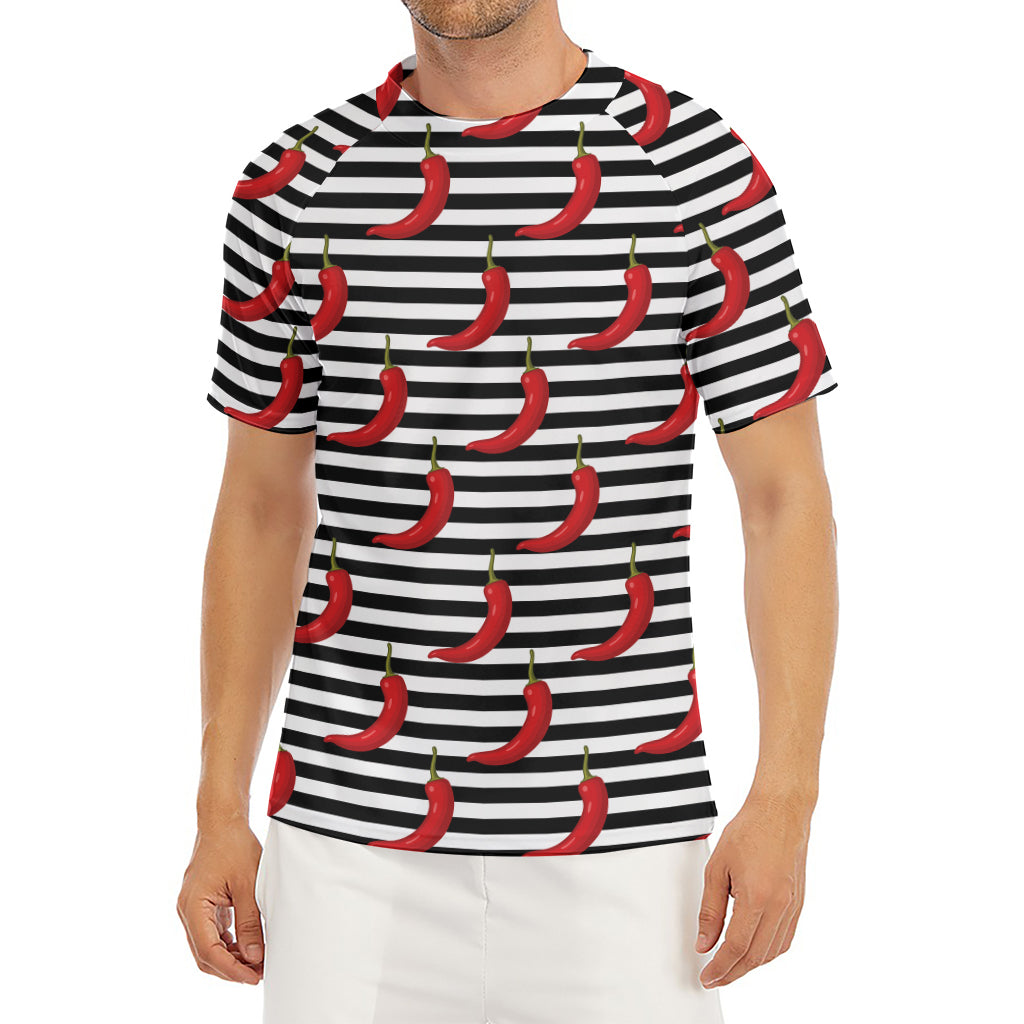 Black And White Striped Chili Print Men's Short Sleeve Rash Guard
