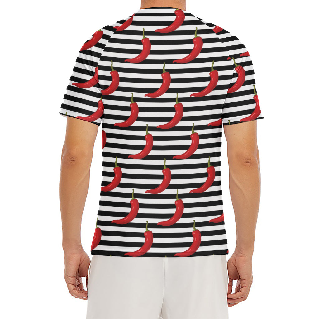 Black And White Striped Chili Print Men's Short Sleeve Rash Guard