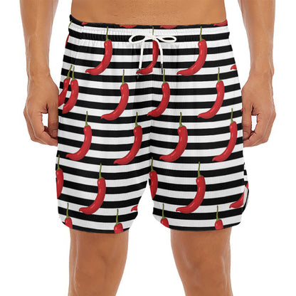Black And White Striped Chili Print Men's Split Running Shorts