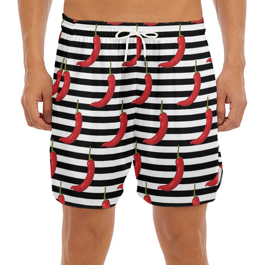 Black And White Striped Chili Print Men's Split Running Shorts