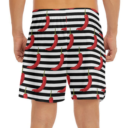 Black And White Striped Chili Print Men's Split Running Shorts