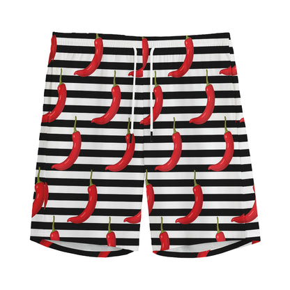 Black And White Striped Chili Print Men's Sports Shorts