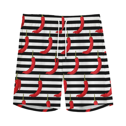Black And White Striped Chili Print Men's Sports Shorts