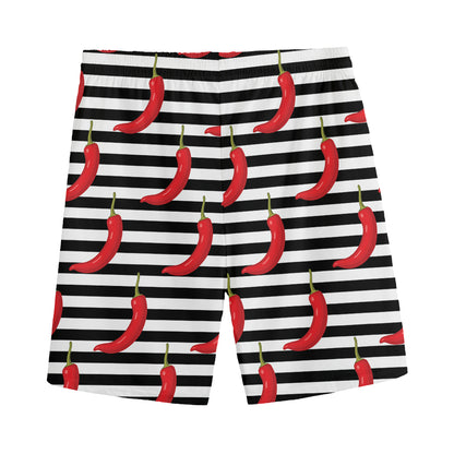 Black And White Striped Chili Print Men's Sports Shorts