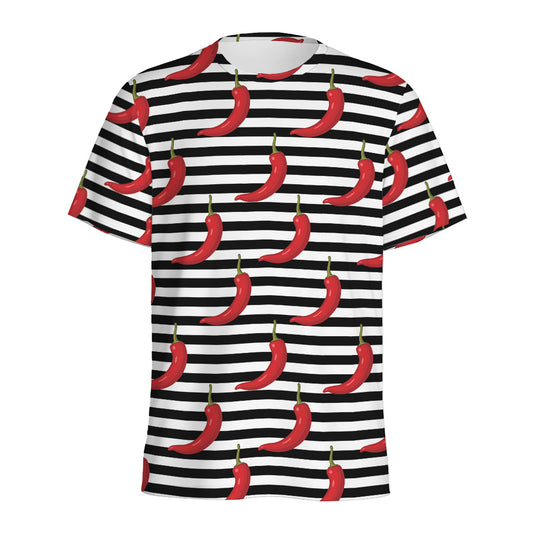 Black And White Striped Chili Print Men's Sports T-Shirt