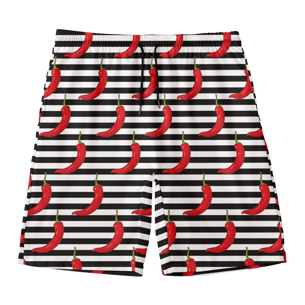 Black And White Striped Chili Print Men's Swim Trunks