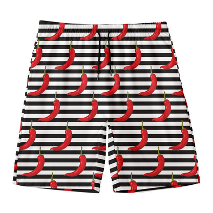 Black And White Striped Chili Print Men's Swim Trunks