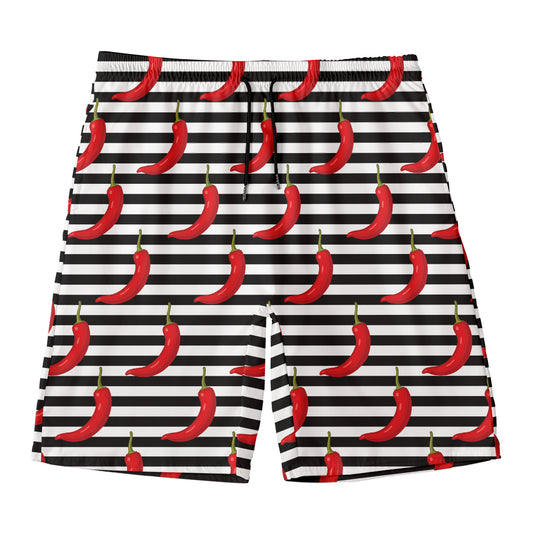 Black And White Striped Chili Print Men's Swim Trunks