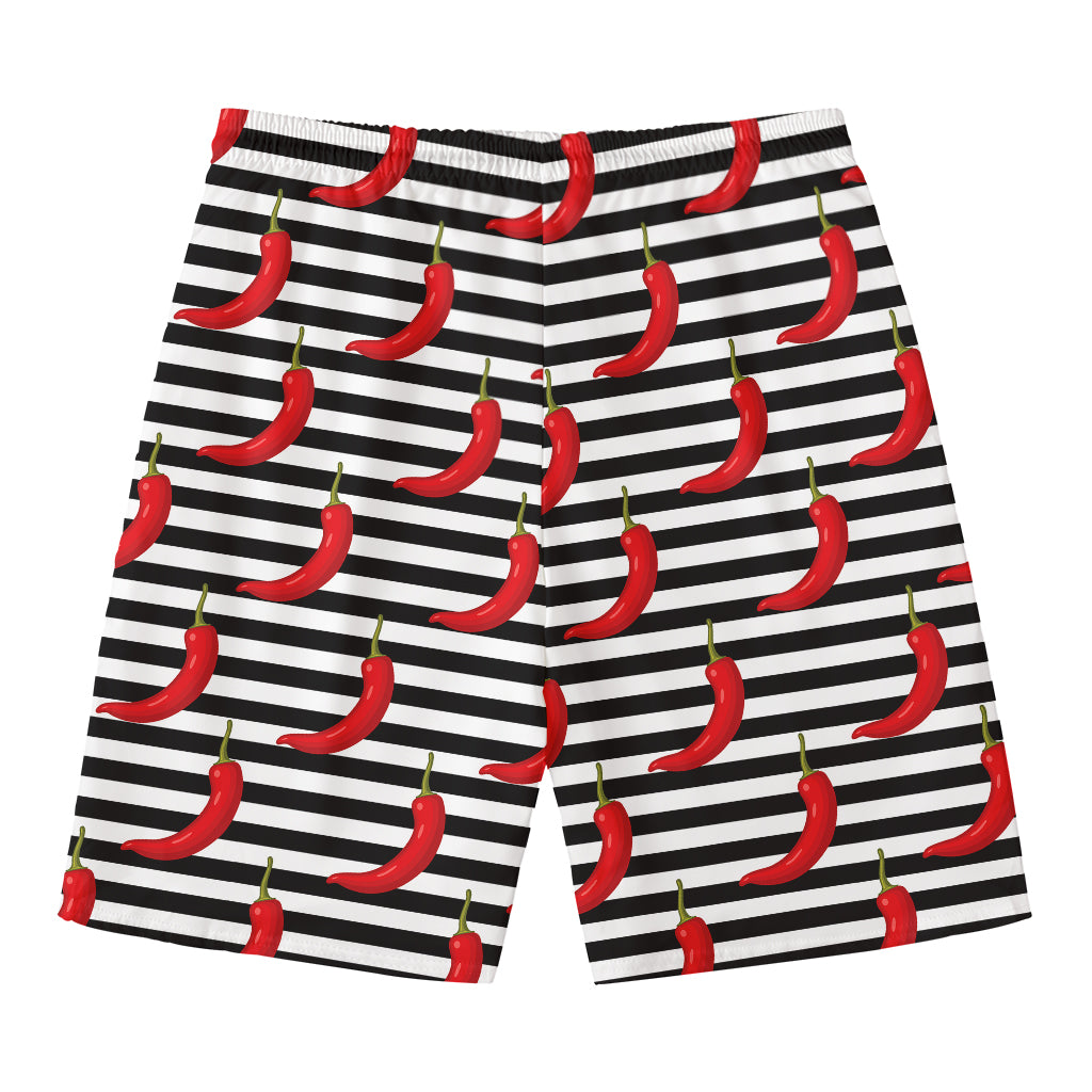 Black And White Striped Chili Print Men's Swim Trunks