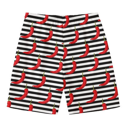 Black And White Striped Chili Print Men's Swim Trunks