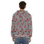 Black And White Striped Chili Print Men's Velvet Pullover Hoodie