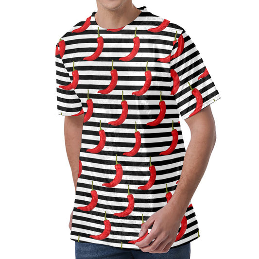 Black And White Striped Chili Print Men's Velvet T-Shirt