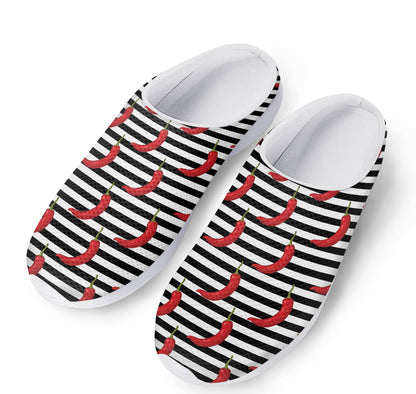 Black And White Striped Chili Print Mesh Casual Shoes