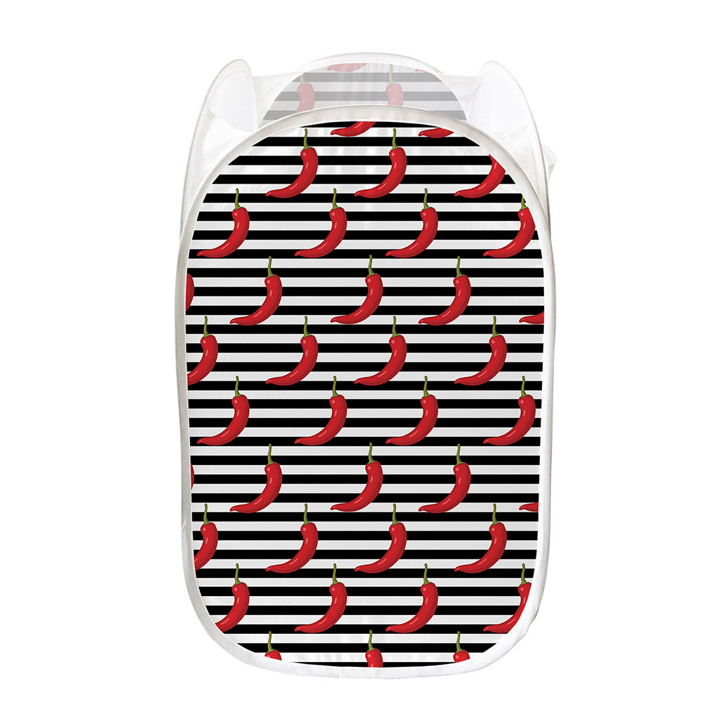 Black And White Striped Chili Print Mesh Laundry Hamper