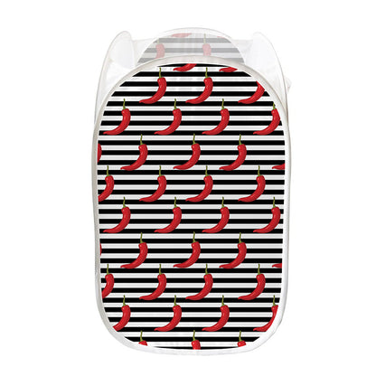 Black And White Striped Chili Print Mesh Laundry Hamper