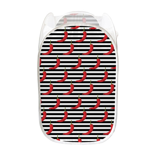 Black And White Striped Chili Print Mesh Laundry Hamper