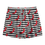 Black And White Striped Chili Print Mesh Shorts