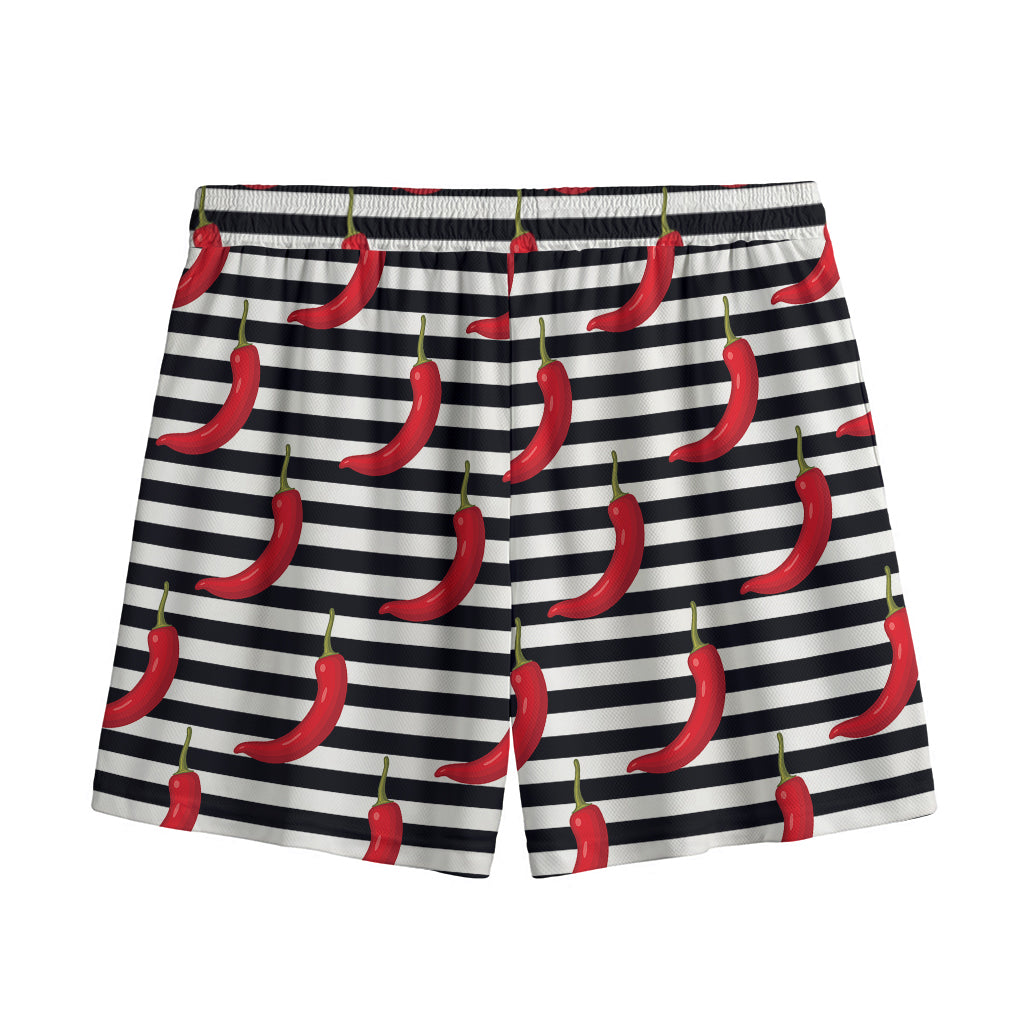 Black And White Striped Chili Print Mesh Shorts