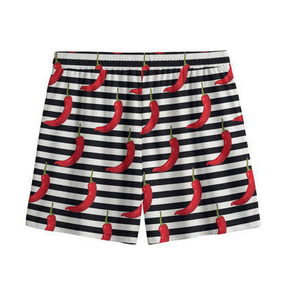 Black And White Striped Chili Print Mesh Shorts