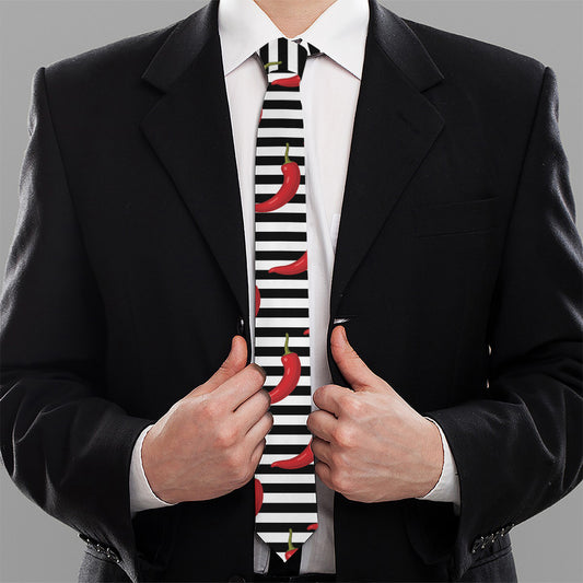 Black And White Striped Chili Print Necktie