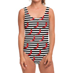 Black And White Striped Chili Print One Piece Swimsuit